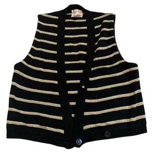 Vintage R.P. Knitting Black & Gold Metallic Stripe Knit Sleeveless Cardigan L